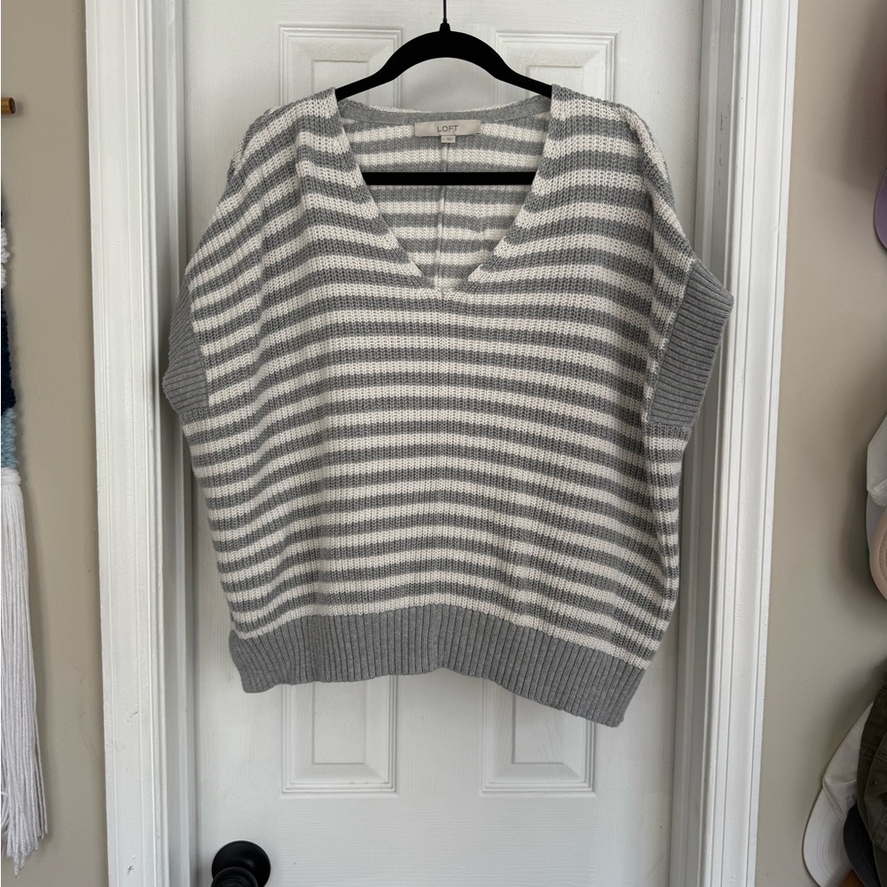 LOFT Gray and White Striped V-Neck Pullover Sweater